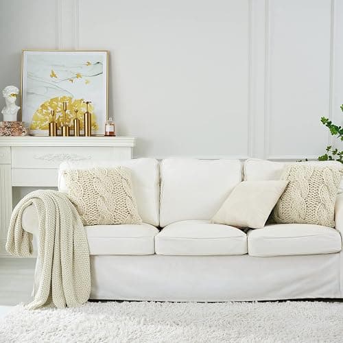 Chunky Cable Knit Throw Blanket Lightweight Cream 100% Organic Cotton Blanket for Sofa Couch Bed Baby Nursery, Rustic Shabby Chic Modern Farmhouse, 51” x 63” Give Laundering Bag thumbnail 2