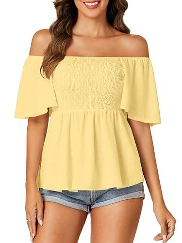 LYANER Women's Square Neck Cute Peplum Top | Ruffle Smocked Short Sleeve Ruched Flowy Casual Babydoll Blouse Top Shirts thumbnail 2