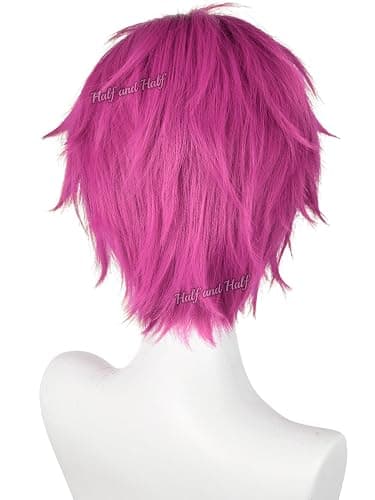 Short Rose Red Anime Cosplay Wig for Men Pink Red Male Wigs with Bangs | Dark Pink Spiky Layered Synthetic Hair Wigs for Unisex Women Halloween Party Costumes thumbnail 7