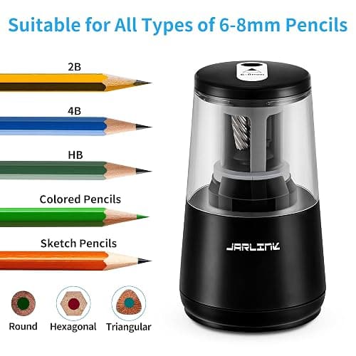 JARLINK Electric Pencil Sharpener, Heavy-Duty Helical Blade to Fast Sharpen, Auto Stop for No.2/Colored Pencils(6-8mm), AC Adapter/Battery Operated in School Classroom/Office/Home (Black) thumbnail 4