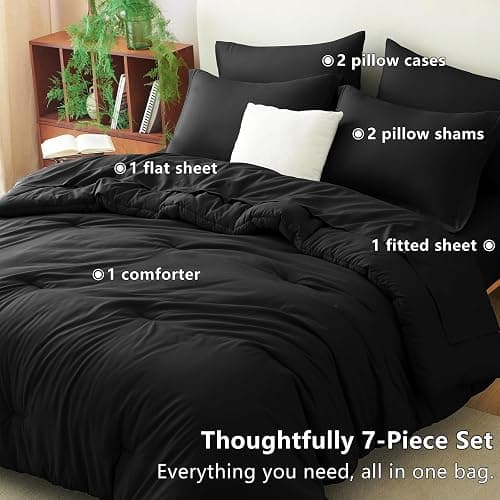 CozyLux Queen Comforter Set Black, 7 Pieces Bed in a Bag Soft Bedding Comforter Set with Sheets, All Season Boho 7PC Bed Sets with Comforter, Fitted Sheets, Flat Sheets, Pillow Shams and Pillowcases thumbnail 6