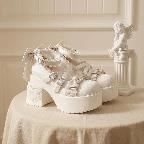 Kawaii Mary Jane Heels for Women Cute Lolita Shoes Chunky Platform Round Toe Bow Cross Strap Lace Buckle Comfy Party Cosplay Shoes - Image 1