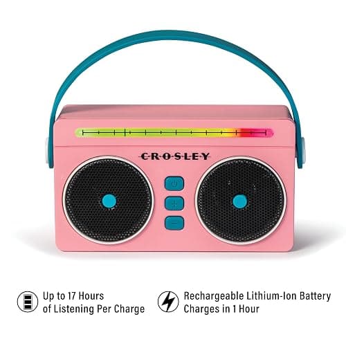 Crosley CR3050A-FG Mini Boombox Portable Bluetooth Speaker, Flamingo | Bluetooth In, 5 Color-Changing Light Modes, LED Lights Sync with Music, Rechargeable Lithium-Ion Battery thumbnail 2