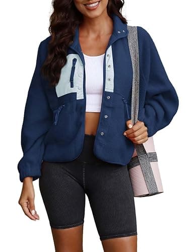 ReachMe Womens Sherpa Jacket Casual Lapel Button Down Cropped Fuzzy Fleece Jackets Long Sleeve Winter Coats with Pockets thumbnail 4