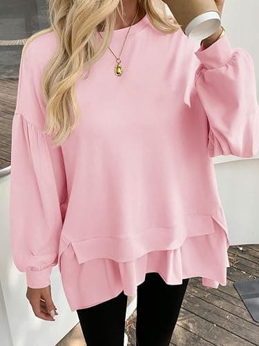 Tankaneo Womens Oversized Tops Peplum Puff Long Sleeve Shirts Trendy Casual Loose Fit Crew Neck Tunic Shirts thumbnail 2