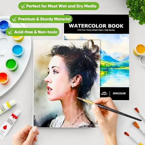 Soucolor 40 Sheets Watercolor Paper Pad, 9"x12" Water Color Paper, 140lb/300gsm Artist Painting Drawing Paper Book, Art Supplies for Adults, Watercolor Paint Set, Sketchbook, Journal, Notebook thumbnail 3