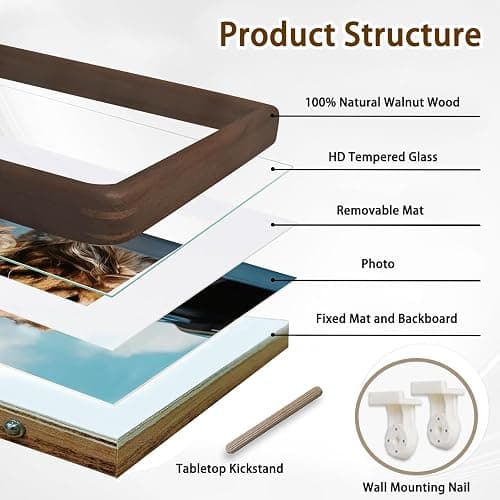 RRQKMBO 4x6 Natural Dark Walnut Solid Wood Picture Frames, Hand Make Crafted Original Wood Frame with Mat to 3x5,Rounded Edge Wooden Photo Frame, For TableTop and Wall Decoration thumbnail 5