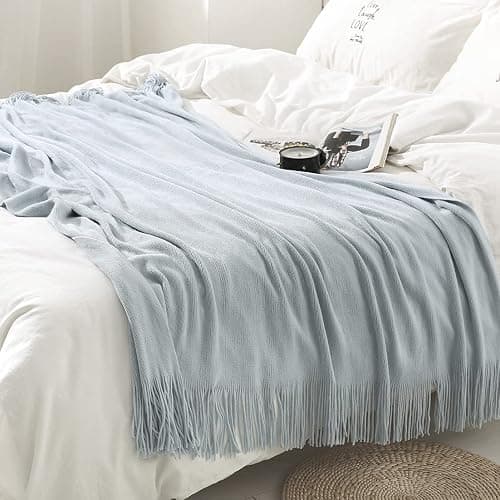 Homiest Decorative Knitted Throw Blanket with Fringe Soft & Cozy Tassel Blanket for Couch Sofa Bed (Pale Blue,50x60) thumbnail 2