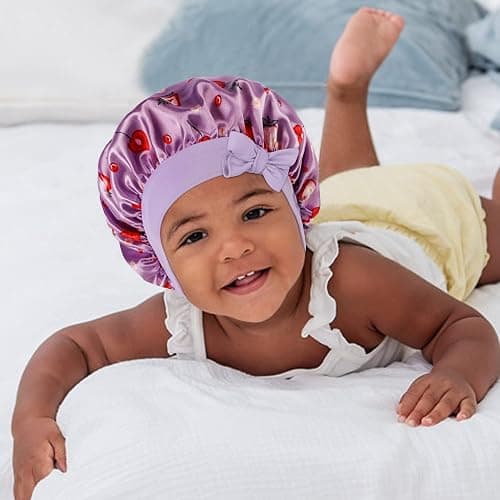 WEIPAO Kids Satin Bonnet - 3 Packs Baby Bonnet for Curly Hair Silk Sleep Cap with Adjustable Elasticated Soft Band for Child Toddler Baby - Purple+Light Pink+Yellow thumbnail 7