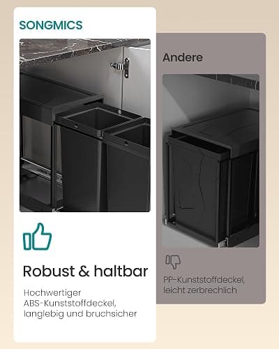 SONGMICS Mülleimer küche, Mülltrennsystem für Unterschrank, 2 x 15 L, Abfalleimer 2 Fächer, ausziehbar, Stahlrahmen, ABS-Deckel, tintenschwarz LTB950B01 thumbnail 6