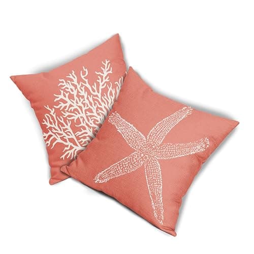 Coastal Coral Throw Pillow Covers 18x18 Inch Set of 2 Starfish Beach Nautical Pillow Covers Summer Farmhouse Pillowscase Linen Square Cushion Covers for Sofa Couch Bedroom Living Room Home Decoration thumbnail 7