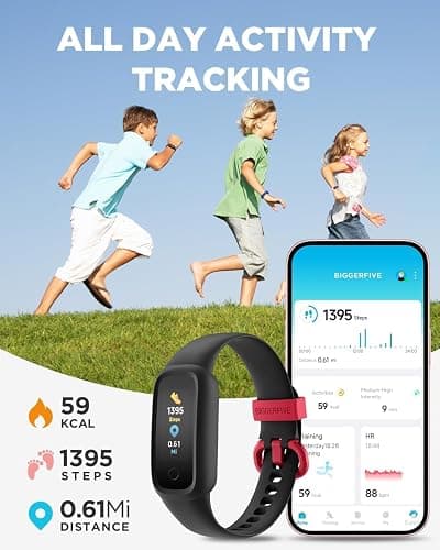 BIGGERFIVE Vigor 2 L Kids Fitness Tracker Watch for Boys Girls Ages 5-15, Activity Tracker, Heart Rate Sleep Monitor, IP68 Waterproof, Pedometer, Calorie Step Counter Watch, Black thumbnail 2