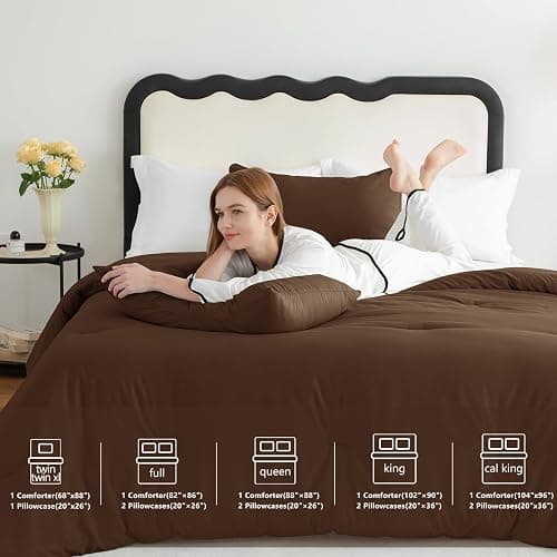 CozyLux Queen Comforter Set Brown, 3 Pieces Solid Breathable Quilted Style Bedding Sets, Luxury Fluffy Soft Bed Set with Down Alternative Comforter for All Season (1 Comforter & 2 Pillowcases) thumbnail 6