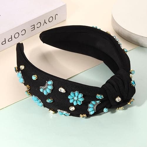 PHALIN Western Headbands for Women Jeweled Rhinestone Crystal Knotted Headbands Embellished Cowboy Boot Hat Cow Head Hairbands Turquoise Western Nashville Rodeo Music Concert Accessories (Style F) thumbnail 2