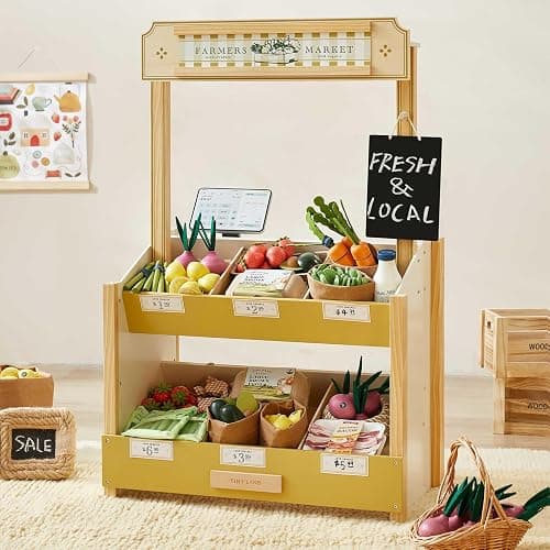 Tiny Land Wooden Play Store Pretend Grocery Store Role Play Toy | Pretend Farmers Market & Coffee Shop with Cash Register, DIY Price Tags, Chalkboard for Toddlers - Image 1