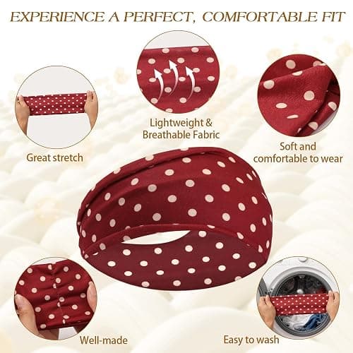 Tiefebene 6 Pack Polka Dot Headband for Women - Non Slip Elastic Floral Hairbands, Soft Fabric Hair Bands for Yoga Workouts, Breathable Head Bands for Hairstyles & Outfits thumbnail 6