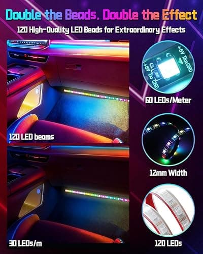 Car LED Lights, Smart RGB+IC 48 LED Car Interior Light, 16 Million Colors Strip Light, APP Control, Music Mode, Scene Modes, 2 Lines Design with Car Charger, Under Dash Lighting for SUVs, Trucks thumbnail 5