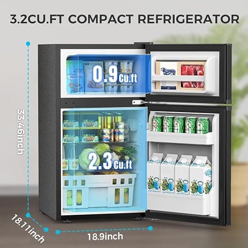 COWSAR 3.2 Cu.Ft Fridge with Freezer, Double Door Compact Fridge for Bedroom, Adjustable Thermostat, Energy-efficient Low Noise Small Refrigerator For Dorm, Office, Bar, RV, Bedroom,Commercial thumbnail 2