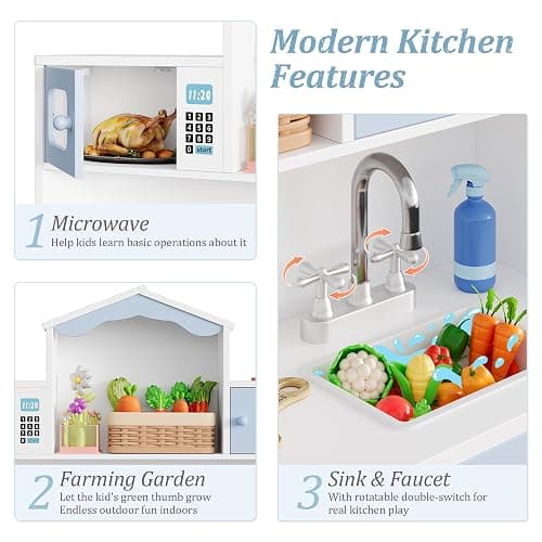 Keyluv Wooden Play Kitchen for Kids and Toddler, Montessori Toy Kitchen Playset with Plenty of Pretend Play Features and Storage Drawers, Gift for Boys and Girls, Blue thumbnail 5