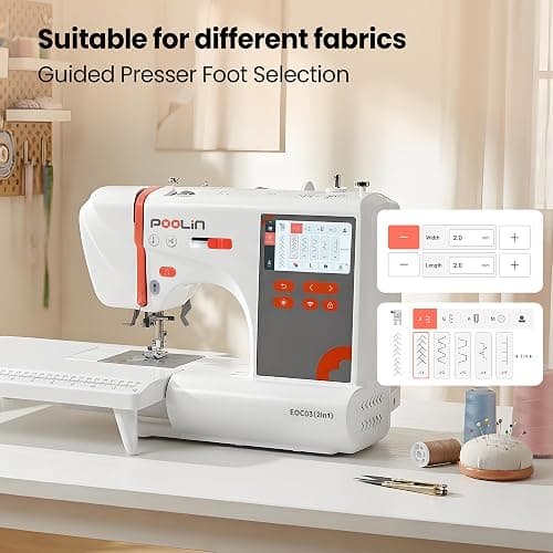 PooLin EOC03(2in1) Sewing and Embroidery Machine 4"x4" & 4"x9.25" Embroidery Size, 130 Built-in Designs 207 Sewing Stitches, 4.3" Touch Screen with WiFi Transfer, Includes Full Kits 1-on-1 Training thumbnail 4