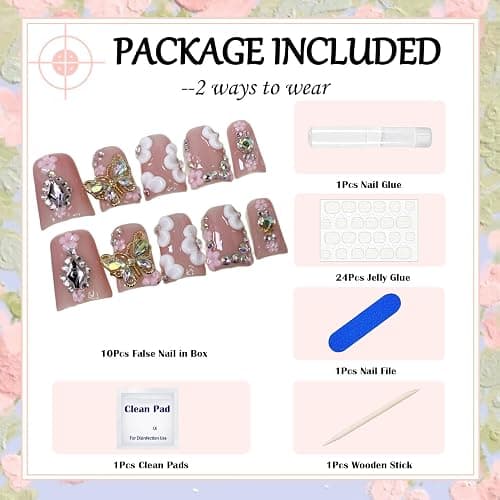 Butterfly Press on Nails, Muti-Layer Gel Handmade Press on Nails Medium, Duck Shaped False Nails with Rhinestone Flower, Full Cover Thickened Fake Nails Designs Stick on Nails for Women Nail Art DIY thumbnail 7