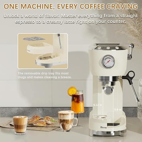 Brewmann Espresso Machine 20 Bar, Latte and Cappuccino Machine with Steam Milk Frother, Fast Heating, Professional Espresso Maker for Home, 42oz Removable Water Tank, Cream thumbnail 7
