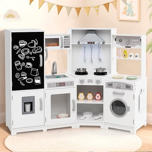 HONEY JOY Corner Play Kitchen, Large Wooden Pretend Toy Kitchen Set w/Lights, Ice & Coffee Maker, Range Hood, Chalkboard, Microwave, Cookware, Little Chef Kids Kitchen Playset for Toddlers (White) thumbnail 9