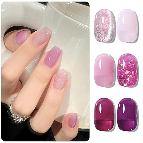 BORN PRETTY Jelly Purple Gel Nail Polish Transparent Sheer Pink Grape Purple Shimmer Glitter Jelly Gel Polsih Nail Art Manicure DIY at Home 6PCS thumbnail 2