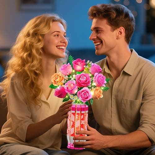 CUBIMANA Romantic Pink Roses Bouquet Building Set with Vase & LED Light, 845PCS Flowers Botanical 3.6MM Mini Building Blocks Toys, Gifts for for Her, Artificial Flowers for Office Home Decor & Display thumbnail 3