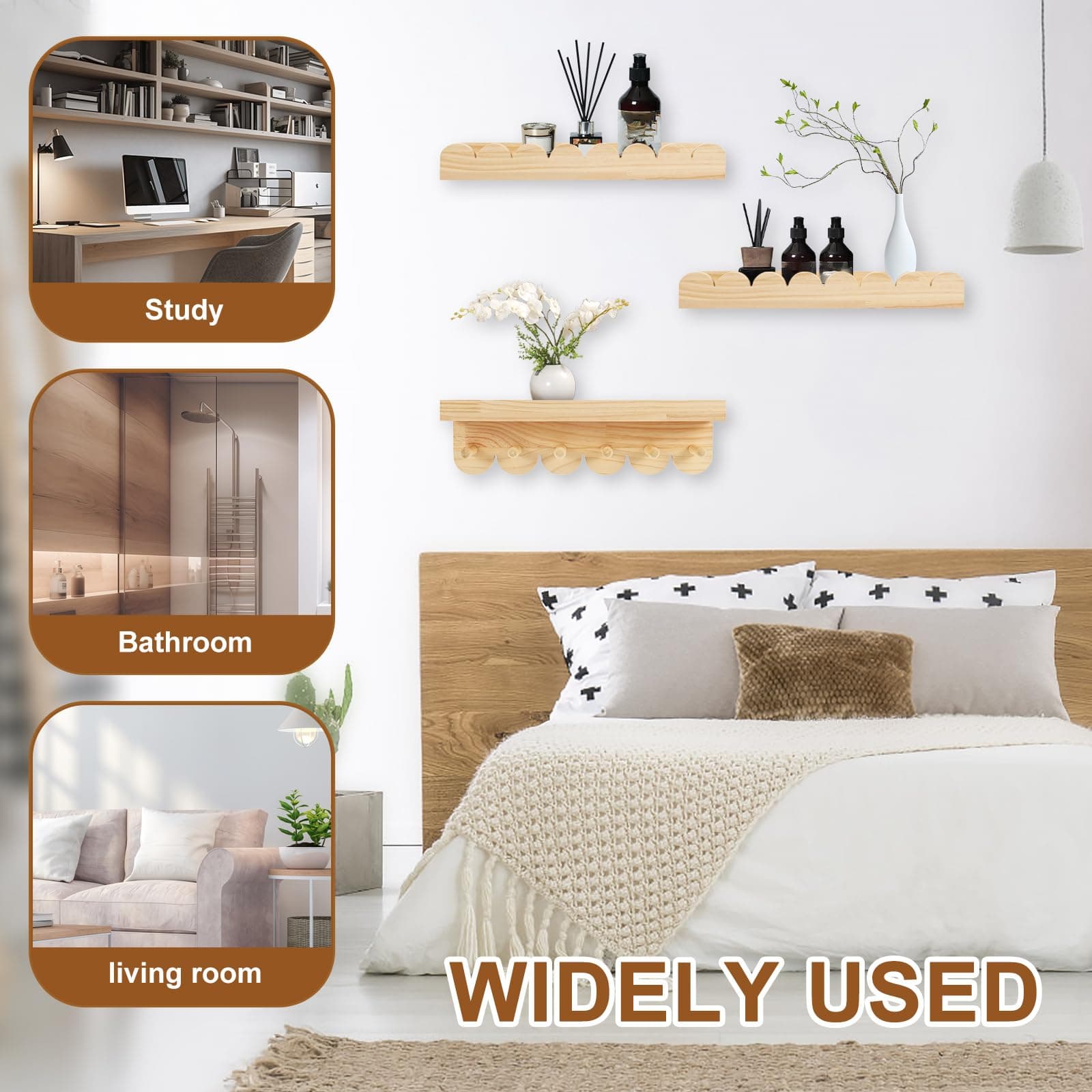3Pcs Floating Wall Shelves, Scalloped Edge Wooden Shelves for Nursery & Toddler Room, Strong Load Bearing Storage Display Shelf for Living Room, Bedroom, Bathroom (Burlywood) thumbnail 7