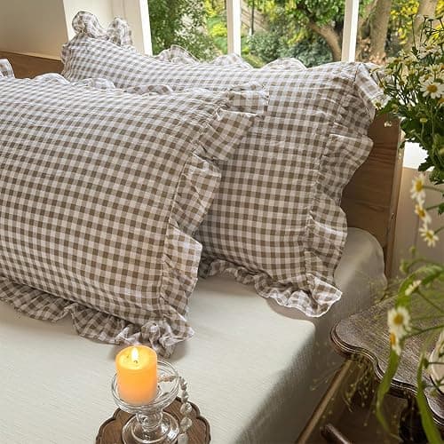 NSNLGSGC Tan Gingham Ruffle Twin Sheet Set, Taupe Soft Pre-Washed Microfiber Plaid Twin Bed Sheets, 3-Pieces Farmhouse Sheet Set with Deep Pocket thumbnail 8