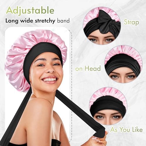 BONNET QUEEN Seidenhaube zum Schlafen mit Haarschutz für Nacht, Doppelseitige Schlafhaube Seide für Lange Haare & Locken, Verstellbare Satin Haarhaube für Damen mit Bindeband, Rosa & Schwarz thumbnail 4