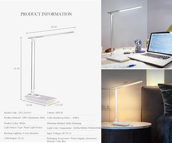 TECHNOVA LED Desk Lamp with 5 Color Temperatures | Sliding Stepless Dimming & One-Touch Timer | Foldable & Portable Design for Office/Study/Nail Art | USB Charging & Four-Axis Rotation for Small Desks thumbnail 5