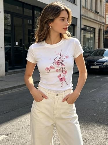 Womens Y2K Floral Graphic Baby Tee Vintage 2000s Casual Slim Fit T-Shirt Emo Basic Crew Neck Alt Clothes thumbnail 4
