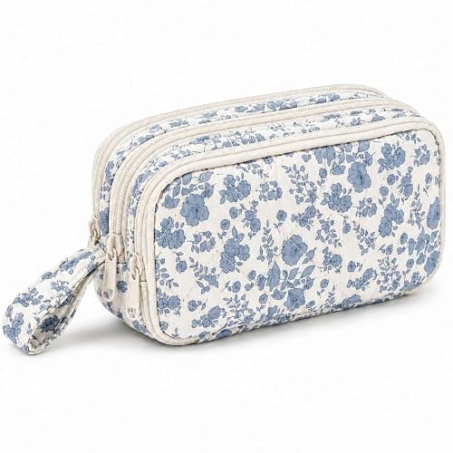 Shirabags Cute Quilted Pencil Case for Girls, 3 Compartment Organizer | Large Capacity Pencil Case,Soft Quilted Floral Design with 3 Zipper Compartments For School Office Travel (Blue Floral) thumbnail 7