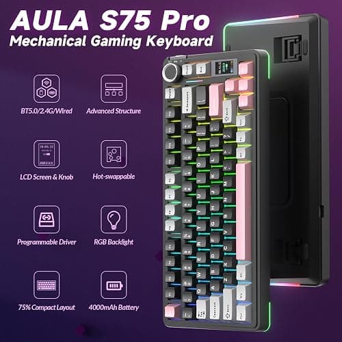 AULA S75 PRO Wireless Mechanical Keyboard with Screen&Knob, 75% Hot Swappable Gaming Keyboard with Pre-lubed Switches, RGB Backlit, PBT Keycaps Creamy Sounding Pc Gaming Keyboards thumbnail 2