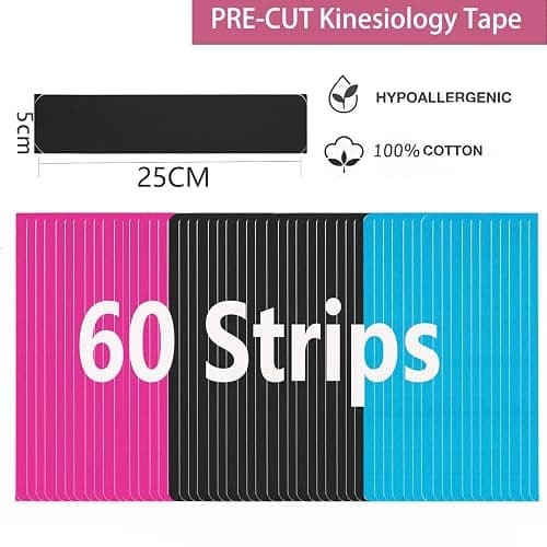 Kinesiology Tape Precut (3 Rolls,60 Precut Strips) Waterproof Sports & Athletic tape for Athletes - Physio Elastic Sports Tape Pain Relief Adhesive for Muscles Shin Splints Ankle Neck Knee & Shoulder 5m (Mixed color) thumbnail 2