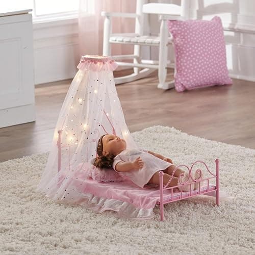 Badger Basket Starlights Metal Doll Bed - LED Canopy Bed Set Fits 18 Inch Dolls - Includes Mesh Drapes Decorative Pillows Reversible Blanket - Pretend Play Doll Furniture - Pink thumbnail 9