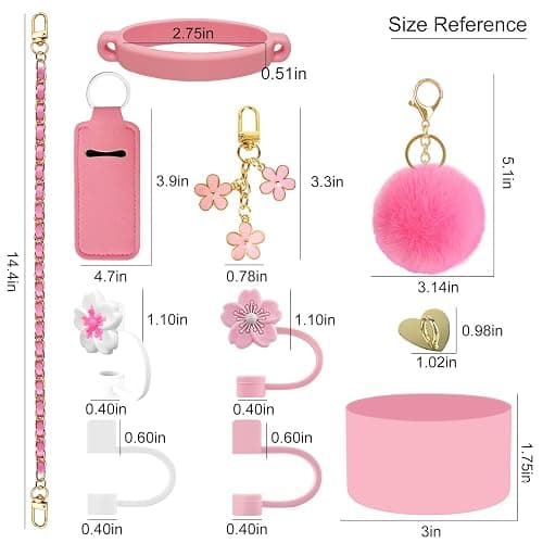 Velaco 11 PCS Accessories for Stanley Cup, Water Bottle Handle Strap for Stanley 30/40 oz tumbler with handle, including Straw Toppers, Silicone Cup Boot, Keychain Charms - PINK thumbnail 3