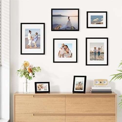 Vittanly 8x10 Picture Frames Set of 9, Shatter Resistant Plexiglass, Display 5x7 Pictures with Mat or 8x10 without Mat, Photo Frames for Wall or Tabletop, Engineered Wood, Black thumbnail 2