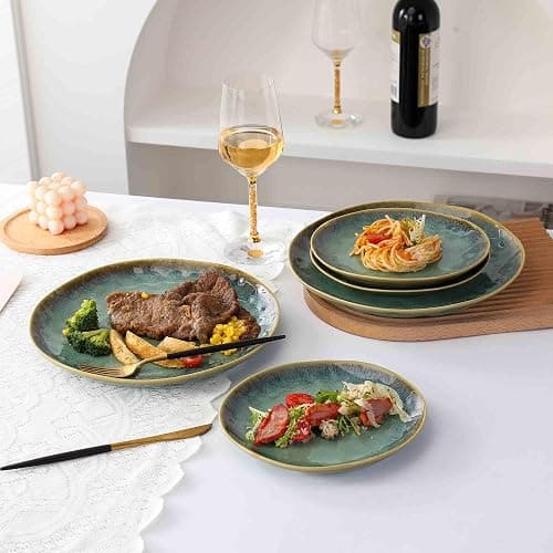 Henten Home Ceramic Appetizer Plate Set, 6.75 Inch Dessert Plates, Reactive Glaze Serving Plates for Snack, Sushi, Set of 4, Microwave & Dishwasher Safe (Green) thumbnail 4