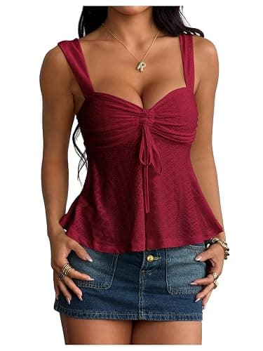 Milumia Women's Eyelet Tie Front Ruched Tank Tops Y2k Going Out Peplum Top | Babydoll, Sexy Slim Fit, Sleeveless, Flowy, Summer, Beach Vacation Outfits, Country Concert - Image 1