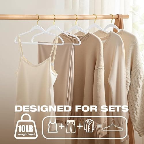 Uinicor 50 Pack White Velvet Hangers,Non Slip,Heavy-Duty,Slim,Space Saving,with Felt Surface and Gold 360°Swivel Hook,for Pants,Outfit,Skirts,Suits,Coats,Dresses ect. thumbnail 6