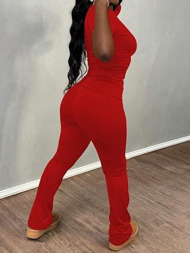 Women's 2 Piece Lounge Sets Crop High Wasit Foldover Flare Leggings Pants Casual Workout Outfits Tracksuit thumbnail 4