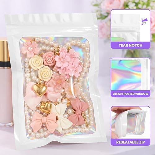 ANZNKU Holographic Bags 5x8 White Mylar Bags Resealable 50PCS, Smell Proof Packaging Bag Snack Pouches Goodie Baggies for Candy Jewelry Graduation Party Favors, Small Gift Bag for Small Business thumbnail 4