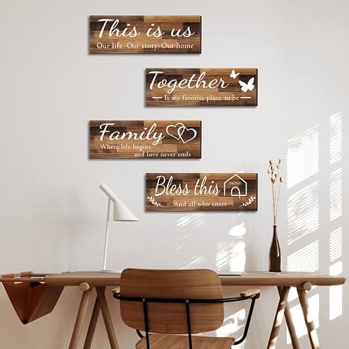 4 Pieces Home Wall Signs, THIS IS US/TOGETHER/BLESS THIS HOME/FAMILY Wall Decor For Living Room Bedroom, Rustic Wooden Farmhouse Wall Art , 4.7 x 13.8 Inch(Brown) thumbnail 4