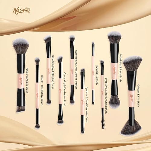 NEONIQ 10 PCS Foundation Contour Conceal Brush Set With Bag, Makeup Brushes, Double-End Multi-functional Brushes for Foundation Powder Blush Eyeliner Eyeshadows, Professional Face Brush Set（Pink） thumbnail 3
