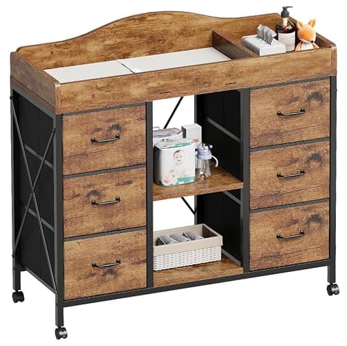 Yetom Changing Table, 6-Drawer Baby Dresser with Changing Table top,Waterproof Diaper Changing Station & Pad, 2 Height-Adjustable Open Storage Shelves, Mobile Nursery Organizer, Rustic Brown - Image 1