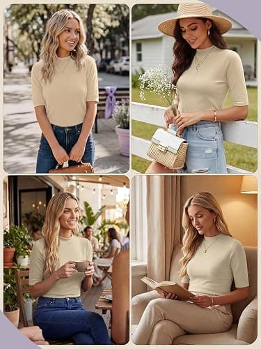 PrinStory Womens Tops Mock Neck Short Sleeve T Shirts Dressy Casual Ribbed Knit Slim Fit Summer Business Going Out Tops 2026 thumbnail 5