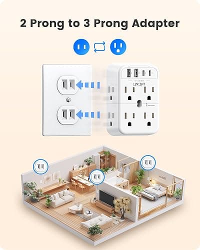LENCENT 2 Prong Power Strip, 3 to 2 Prong Outlet Adapter, 2 Type C&2 USB, Surge Protector, Polarized Plug, 3-Sided Wide Spaced Extender, Wall Tap Splitter for Non-Grounded Outlets in Old House - with Surge Protector thumbnail 2